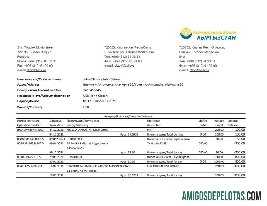 Extrato bancário do Quirguistão Kirgizbank para impressão, modelo fácil de preencher em formato Excel e PDF